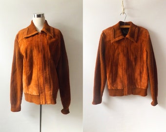 vintage 70s rusty brown suede sweater jacket, size large L, unisex leather zip up coats, 1970s hippie boho style outerwear, elbow patches