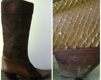 snake skin slouch boots - vintage 80s size 38 US 7 1/2 - designer mauo frizon - tall brown leather slouchy boots - hipster boho glam - 1980s