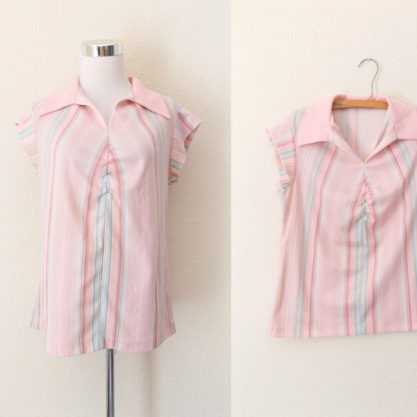 70s pink stripe butterfly collar blouse, medium pastel striped pullover ladies shirt, vintage preppy hippie boho summer top, 1970s fashion