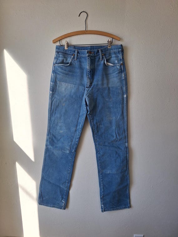 パンツ 70s Wrangler Remake denimpants WRANGLER - Vtg 70s Whiskered Broken-in Faded Rockabilly Blue