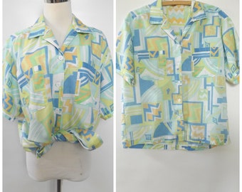 90s neon oxford button down men's size large L - vintage retro geometric short sleeve women's blouse - sheer cotton shirt hipster rockabilly