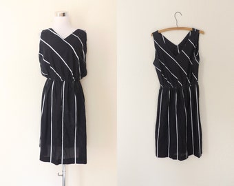 80s black and white sundress, large, sleeveless minimal women's midi length dress, vintage 1980s striped semi sheer cotton day dress boho