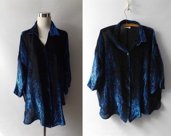 Vintage 90er Jahre y2k blau und schwarz metallic halbtransparente Bluse, Größe 18 XL extra groß, halbtransparentes, fließendes Damenhemd mit Knopfleiste, 1990er-Jahre-Stil