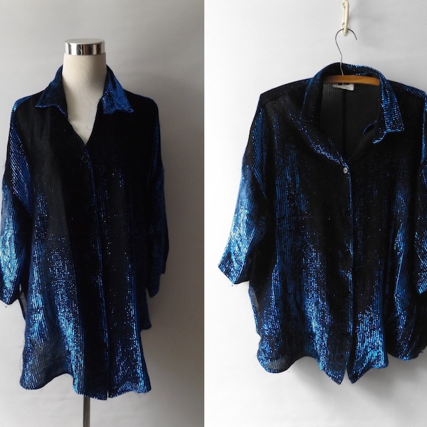 vintage 90s y2k blue and black metallic semi sheer blouse, size 18 XL extra large, semi sheer button up flowy women' shirt, 1990s style