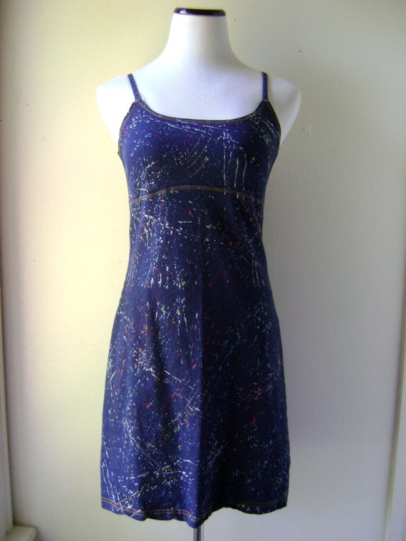 Y2K 90s denim mini dress / vintage paint splash s… - image 5