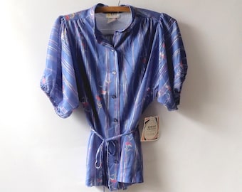 Vintage 70s Floral Striped Blouse: Deadstock Belted Button-Down Top