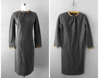 Gray Mod 60s Dress | Vintage Jonathan Logan Size 9 S/M Small Medium Leather Trim Midi Long Sleeve Minimal Dresses 1960s Minimalist Twiggy