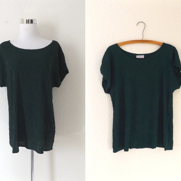 vintage 90s forest green blouse - size large L - oversize flowy ladies top - minimal capped sleeve shirt - 1990s y2k preppy women's fashion