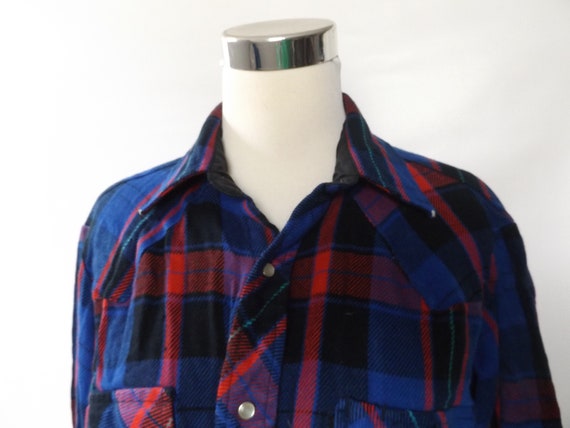 80s pearl snap flannel western shirt, men's mediu… - image 2