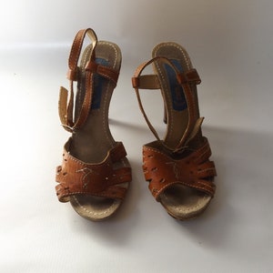 70s Wooden High Heels Sandals, Size 4, Strappy Brown Leather Open Toe ...