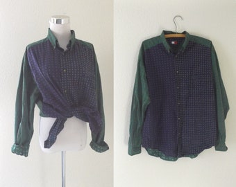 vintage 90s color block tommy hilfiger - men's size large L - small paisley print button down oxford shirt - 1990s preppy unisex blouse tops
