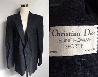 chaqueta blazer Christian Dior vintage de los años 80, L grande para hombre, tela tejida azul y negra, abrigo de traje de diseñador con un solo botón de ajuste cuadrado, década de 1980