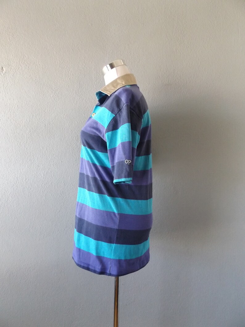 ocean pacific stripe polo shirt vintage 80s blue purple worn in faded mens size mmedium top hipster grunge 1980s women blouse hippie boho