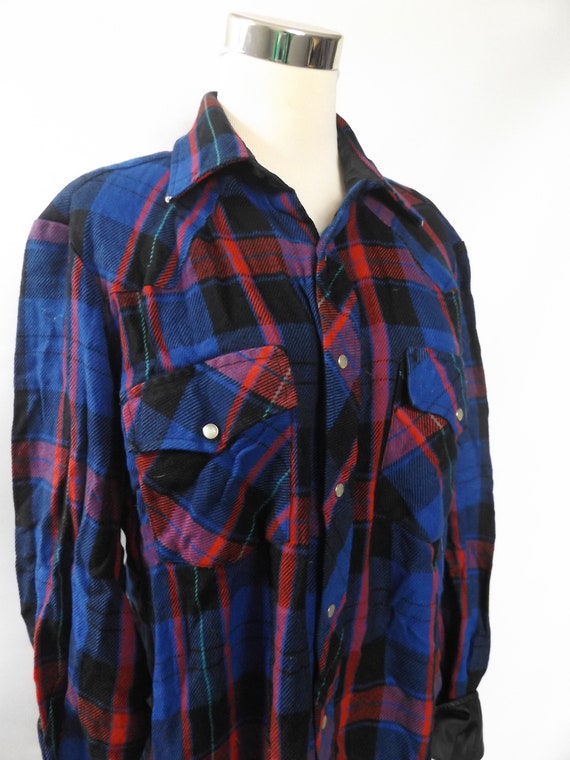 80s pearl snap flannel western shirt, men's mediu… - image 6