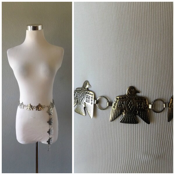 metal thunderbird boho belt - vintage 80s silver chain linked belts - size up to 35 waist - hippie western stamped accessories - 1980s dress