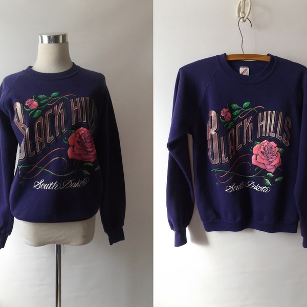 vintage 80s glitter Black Hills rose pullover sweatshirt, medium M, jerzees raglan sleeve jumper, iron on graphic print, 1980s unisex shirt