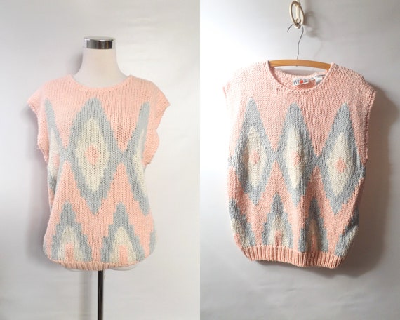 80s argyle geometric sweater blouse, large XL, ov… - image 1