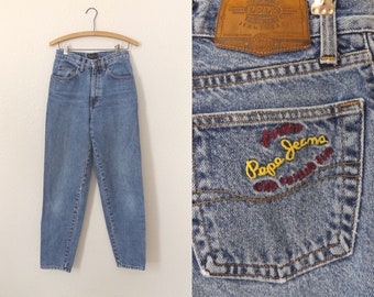 90s pepe high rise jeans - size 7/8 - vintage mom jeans ladies high waisted denim pants - 1990s women's straight tapered leg blue jeans -