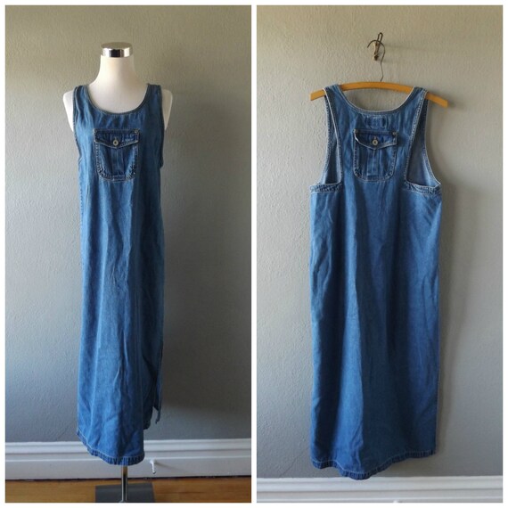 denim pinafore maxi dress