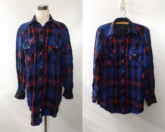 80s pearl snap flannel western shirt, men's mediu… - image 1