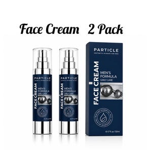 May include: Two silver and navy blue face cream bottles and a navy blue box with the text "Face Cream 2 Pack". The bottles and box have the text "Particle", "Men's Formula Daily Care", and "Face Cream". The box also has the text "Aesthetic Science for Men".