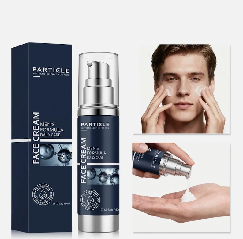 May include: A dark blue box and bottle of Particle Men's Formula Face Cream. The bottle has a silver pump and a clear cap. The box and bottle have white text that reads "Particle Aesthetic Science for Men" and "Men's Formula Daily Care". The image also shows a person applying the cream.
