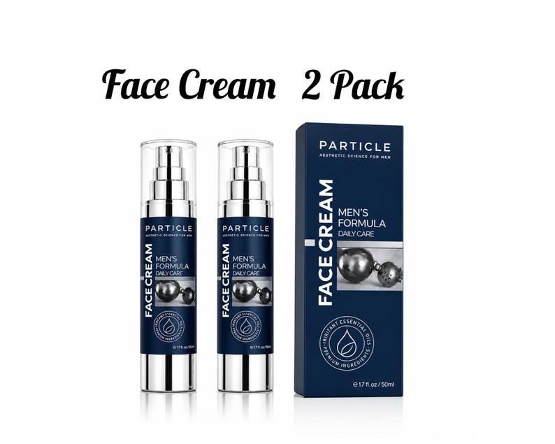 May include: Two silver and navy blue face cream bottles and a navy blue box with the text "Face Cream 2 Pack". The bottles and box have the text "Particle", "Men's Formula Daily Care", and "Face Cream". The box also has the text "Aesthetic Science for Men".