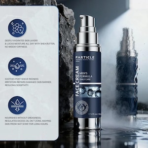 May include: A dark blue and silver face cream bottle with the text "Particle Aesthetic Science for Men" and "Men's Formula Daily Care." The bottle is 50 ml. The product promises to hydrate skin, soothe redness, and regulate oil.