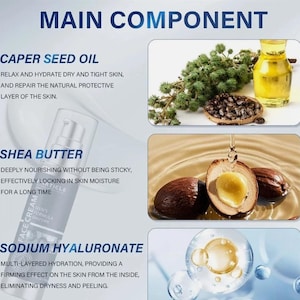 May include: An advertisement for a skincare product, highlighting key ingredients. The image includes caper seed oil, shea butter, and sodium hyaluronate. A face cream bottle is shown, alongside images of the natural ingredients.