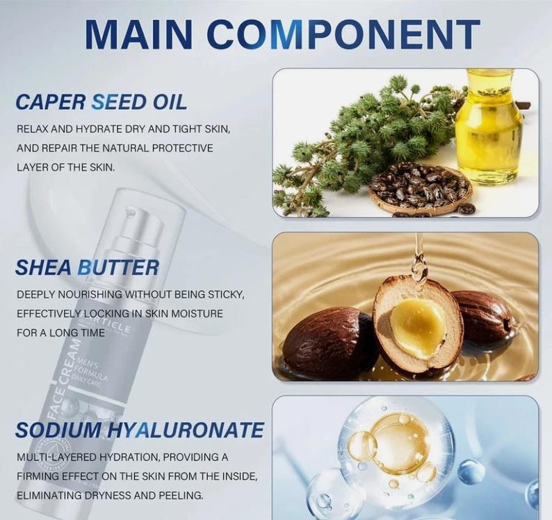 May include: An advertisement for a skincare product, highlighting key ingredients. The image includes caper seed oil, shea butter, and sodium hyaluronate. A face cream bottle is shown, alongside images of the natural ingredients.