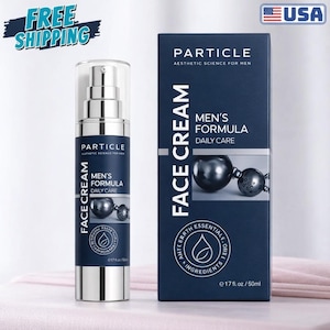May include: A skincare product set featuring a silver pump bottle and a navy blue box. The bottle and box both display the brand name "Particle" and the text "Men's Formula Daily Care Face Cream". The box also has the text "Aesthetic Science for Men".