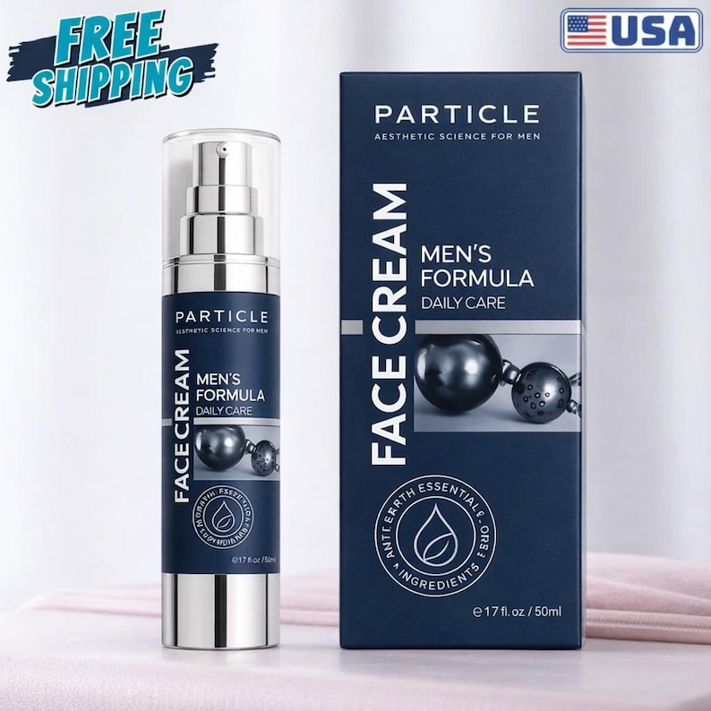 May include: A skincare product set featuring a silver pump bottle and a navy blue box. The bottle and box both display the brand name "Particle" and the text "Men's Formula Daily Care Face Cream". The box also has the text "Aesthetic Science for Men".