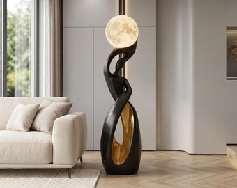 Lámpara de pie con escultura abstracta, lámpara moderna con forma de globo lunar, arte nórdico en negro y dorado, iluminación RGB.
