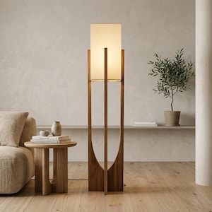 Gebogen houten vloerlamp noordse stijl, Japandi midcentury modern noten-eiken licht