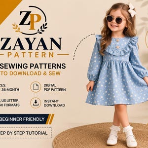 May include: A light blue long-sleeve dress with a white floral pattern, featuring a ruffled collar and two front buttons. The image includes text for ZAYAN PATTERN PDF SEWING PATTERNS, indicating sizes 0-36 months, digital PDF format, A4, US Letter, and A0 sizes.