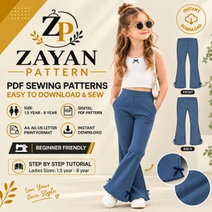 Può includere: Un cartamodello PDF digitale per pantaloni a zampa blu a coste con piccoli fiocchi sull'orlo. Il modello include taglie da 1,5 a 8 anni, con viste frontali e posteriori, un tutorial passo dopo passo e formati di stampa A4, A0 e US letter.