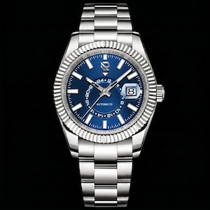 Relógio vintage da Rang Design com mostrador azul, bisel canelado e movimento automático suíço.