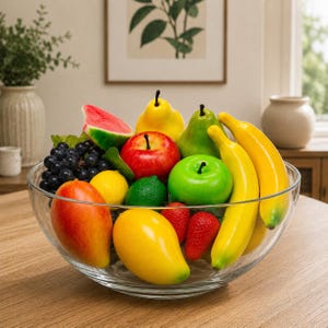 Peut inclure: Un grand bol en verre transparent rempli d'un assortiment de fruits artificiels, notamment des bananes jaunes, une pomme rouge, une pomme verte, une poire jaune, une poire verte, une mangue, un citron, un citron vert, une tranche de pastèque, du raisin noir et des fraises.