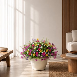 Pode incluir: Um grande vaso de cerâmica branco transbordando de flores coloridas. O arranjo inclui flores vibrantes rosa, amarelas, roxas e brancas, com folhagem verde. O vaso está em um chão claro, com a luz do sol entrando por uma janela.