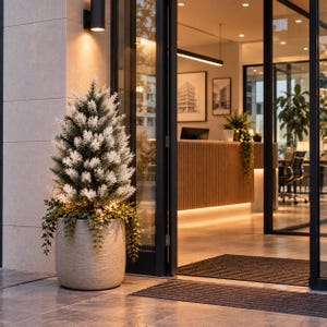 Peut inclure: Un sapin artificiel conique aux pointes givrées de blanc, planté dans un pot cylindrique gris clair texturé. La base de l'arbre est entourée d'un feuillage vert retombant, formant un arrangement décoratif placé près d'une porte vitrée.