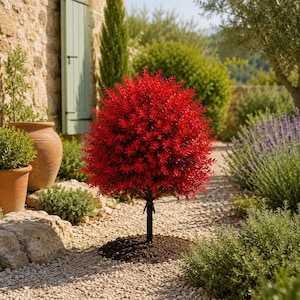 May include: A small, spherical topiary tree with vibrant red leaves, supported by a thin, dark central trunk. The plant is rooted in a circular patch of dark soil, positioned centrally within a gravel garden path surrounded by greenery.