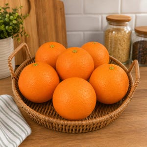 May include: A round, woven rattan basket with two side handles containing six bright orange citrus fruits. The basket features a detailed, circular lattice pattern on the base and sides, providing a sturdy structure for the fresh, round oranges.