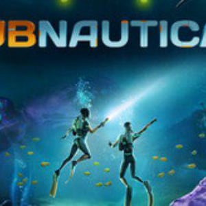 May include: The image is a promotional graphic for "Subnautica 2." The title is in a bold, orange and blue font. Two figures in diving suits are underwater, illuminated by a bright light. The background is a deep blue ocean with marine life.