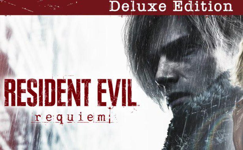 Puede incluir: Ilustraci&oacute;n de la portada de la edici&oacute;n Deluxe de "Resident Evil: Requiem". La imagen presenta el rostro de una persona bajo la lluvia, con el t&iacute;tulo del juego en letras rojas. El fondo es una mezcla de blanco y gris.