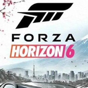 May include: Forza Horizon 6 Premium Edition game cover. The cover features the Forza logo in black, the game title, and a scenic background with a city skyline, mountain, and race cars. The game's title is in white and the number 6 is in pink.