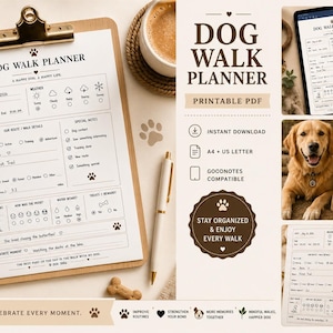 Può includere: Un pianificatore di passeggiate per cani stampabile con appunti, penna e dolcetti per cani. Il pianificatore include sezioni per percorso, meteo e note speciali. Il testo recita "Dog Walk Planner" e "Track Every Walk. Celebrate Every Moment."