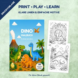 May include: A dinosaur coloring book with a blue cover featuring a green T-Rex, an orange Triceratops, and a blue long-necked dinosaur in a prehistoric landscape with a volcano. Includes two black and white coloring pages showing dinosaurs.