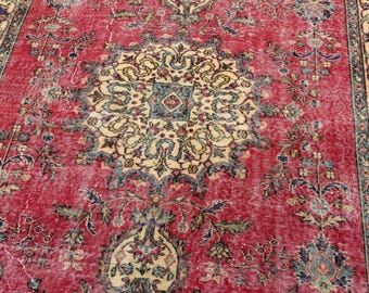 7x10 Vintage Rug, Pink Turkish Rug, Wool Oushak Area Carpet