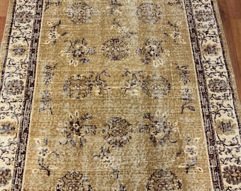 4x6 Vintage Rug, Turkish Rug, Mustard Beige Anatolian Rug, Handmade Wool Small Rug, Entryway Rug, Oushak Rug
