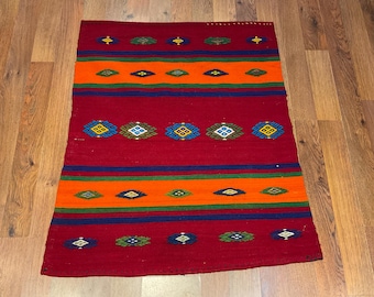 3x3 Kilim Rug, Turkish Kilim Rug, Blue Red Anatolian Rug, Handmade Wool Small Rug, Entryway Rug
